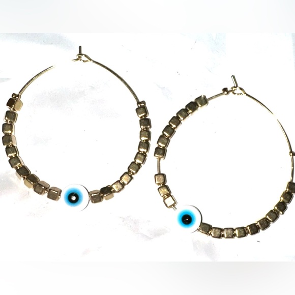 “Sky Blue Evil Eye” Devil’s Eye Nazar Protection Talisman Cube Square Bead Hoops - Picture 5 of 8